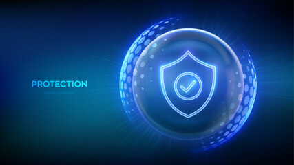 Protection. Cyber security. Network safety. Healthcare. Insurance. Protection shield with Check mark icon inside transparent sphere shield with hexagon pattern on blue background. Vector illustration.