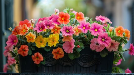 Colorful flowers blooming on balcony in springtime sunshine