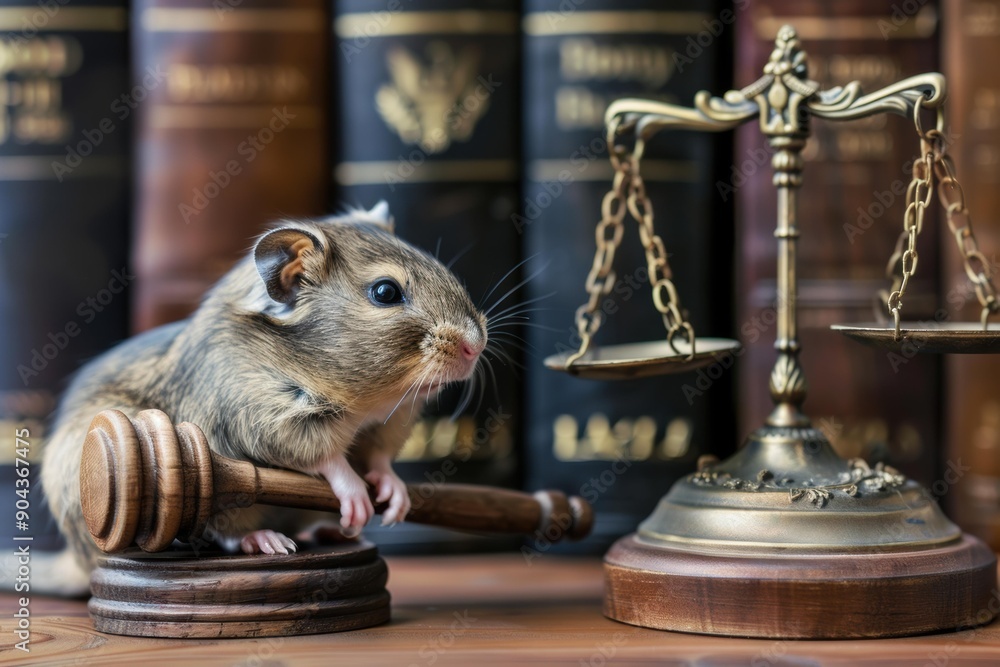 Wall mural A small rodent sits on a judge's gavel, looking at a scale of justice. AI.