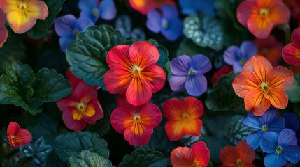 Vibrant red flowers among bright flame-colored violets in a lush garden