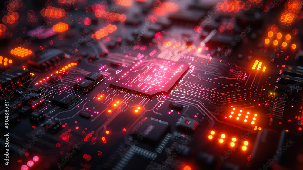 Poster glowing circuit board close-up with red and orange led lights, symbolizing advanced technology and c