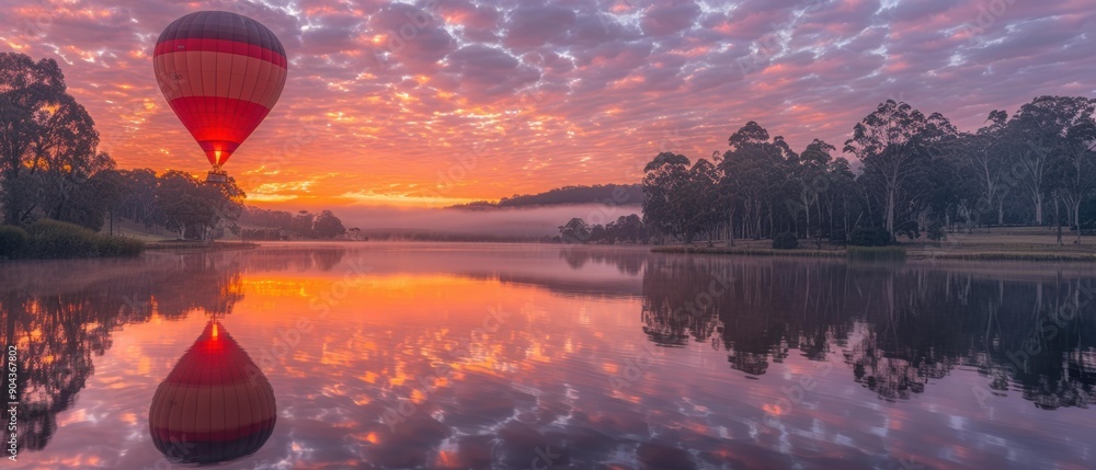 Wall mural A hot air balloon floats above a still lake at sunrise. AI.