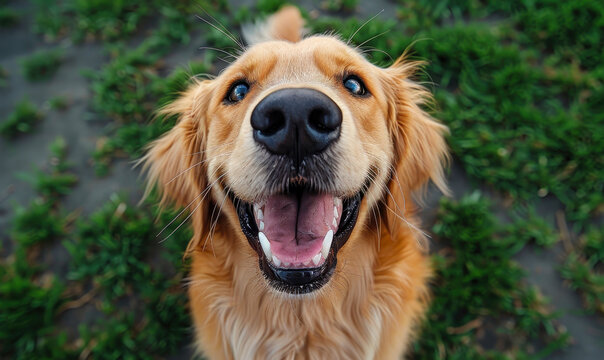Joyful Golden Retriever Close-Up on Green Grass, Happy Dog Outdoors during Daytime, Animal Portrait with Natural Background, Concept of Pet Happiness and Playfulness