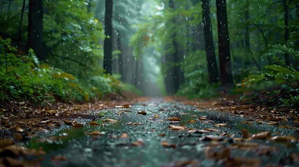 A forest path is wet from rain
