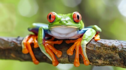 Naklejka premium The red eyed tree frog smiles while perched on a limb