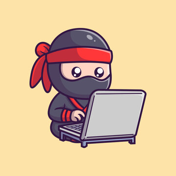 Cute ninja using laptop cartoon icon illustration