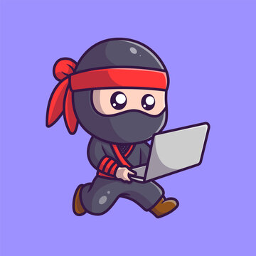 Cute ninja using laptop cartoon icon illustration