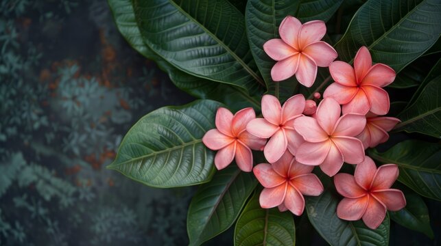 Pink ixora chinensis blooms among lush green foliage in exotic tropical garden