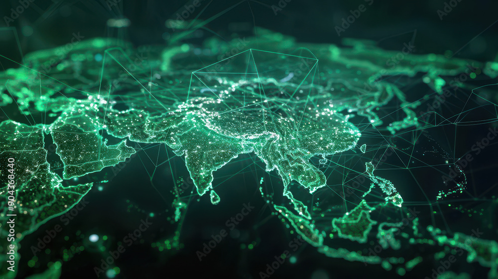 Poster a map of the world with a glowing orange line through it. the map is a representation of the interne