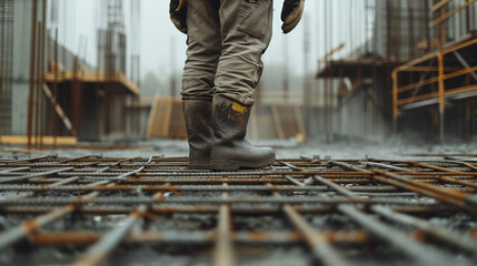 Construction worker standing on metal rods prepared for concrete slab
