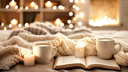 A warm and inviting reading nook features a cup of coffee on books, surrounded by soft blankets and glowing candles in a tranquil library environment
