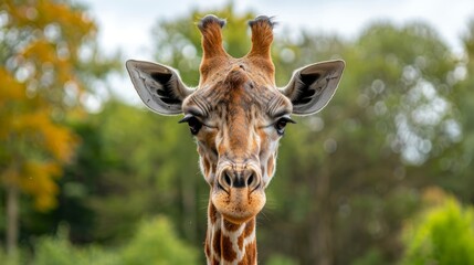 Fototapeta premium Rothschild giraffe facing forward amidst lush greenery in natural habitat
