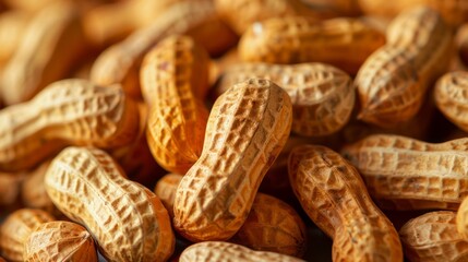 Close up of raw peanuts in their shells on a wooden surface