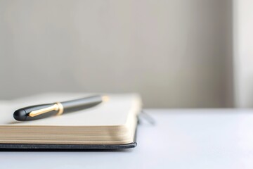 Closed notebook with pen on table, minimalist setup