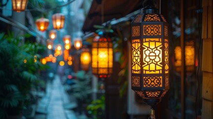 Hanging metal lanterns illuminating a charming outdoor alley at dusk