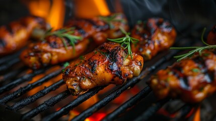 Grilled chicken wings marinated with herbs over hot coals during summer barbecue