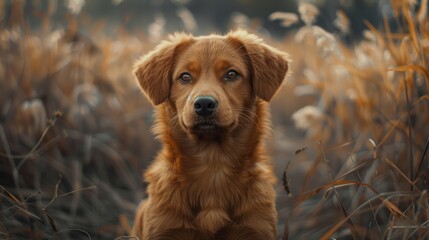 Obraz premium Adorable golden retriever sitting in tall grass during a calm autumn afternoon