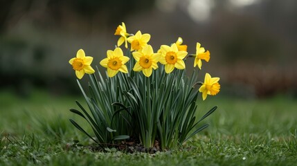 Fototapeta premium Vibrant yellow daffodils blooming in a spring garden