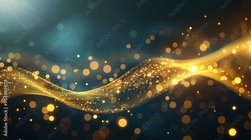 Poster a mesmerizing wave of golden lights glimmers against a dark background, creating a dynamic and capti