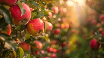 Obraz premium Spring blossoms in apple tree orchard with ripe fruit and warm light