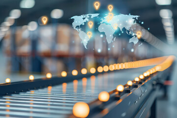 A modern conveyor belt system with global connectivity map, representing logistics and supply chain technology advancements.