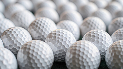 Close-up view of multiple white golf balls with a detailed focus on their dimpled surfaces.
