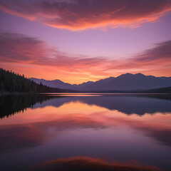 Fototapeta premium sunset over the lake with mountain range in the background