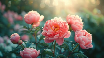 Blooming pink peony flowers in a sunlit garden during spring