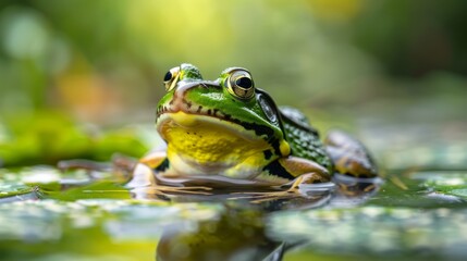 Obraz premium Green frog resting on lily pad in natural habitat under soft sunlight
