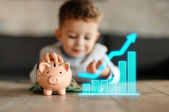 A child adds a coin to a piggy bank with a glowing graph, symbolizing savings growth and financial education for kids. - Powered by Adobe