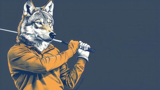 A creative illustration of a wolf playing golf, combining wildlife and sports in a unique and humorous style.