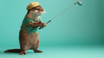 Otter playing golf in a charming sports uniform, aqua solid background, Otter golfing, playful sport
