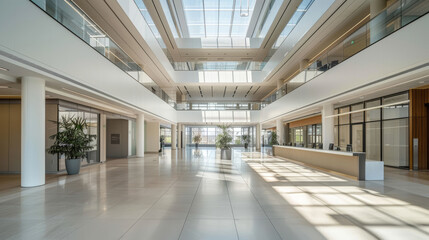 A large, empty hall with a lot of windows, modern office building interior