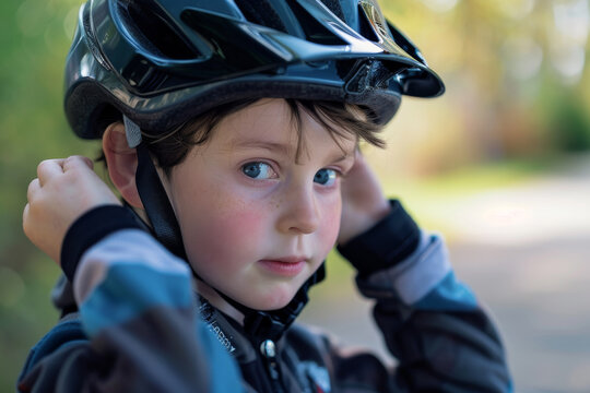 A young boy is wearing a helmet and adjusting it - Powered by Adobe