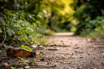 Obraz premium An empty beer bottle is lying on the ground along a woodland pat