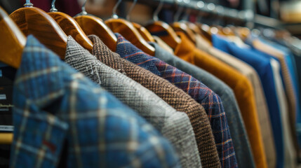 A rack of clothes with a variety of colors including blue, yellow, and red. Concept of variety and abundance