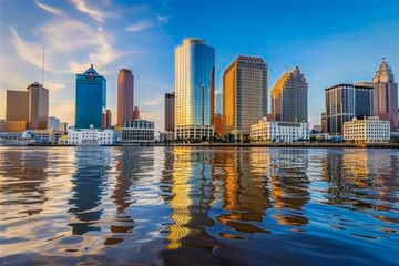 Obraz premium The reflection of a city skyline is visible in the water below