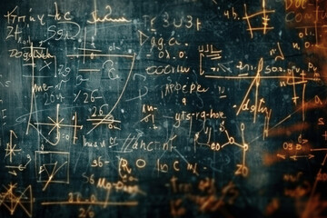 A dark blackboard covered with numerous mathematical equations