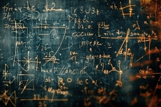 A dark blackboard covered with numerous mathematical equations