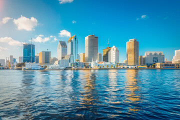 Fototapeta premium The reflection of a city skyline can be seen on the surface of a