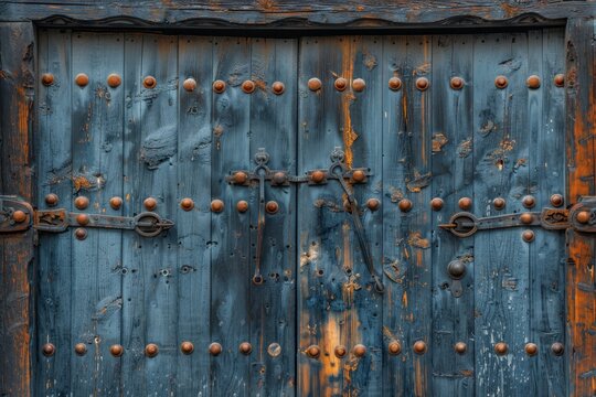 Vintage oak plank background with rustic forged nails resembling old fortress gates