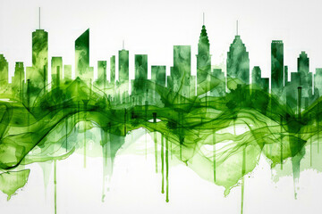 Obraz premium City skyline depicted in green watercolor against a white backgr