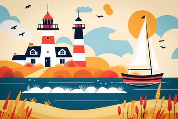 A pixel art illustration of a lighthouse and a sailboat in the o