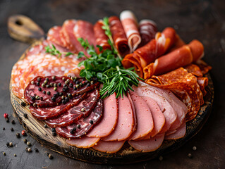 a variety of cured meats and cheeses on a wooden board, ready for serving.