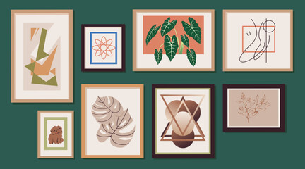 Modern framed wall art picture compositions, posters hanging on wall. Set of wall decor for modern interior design illustration. Artworks to decorate a contemporary interior. Flat vector illustration.