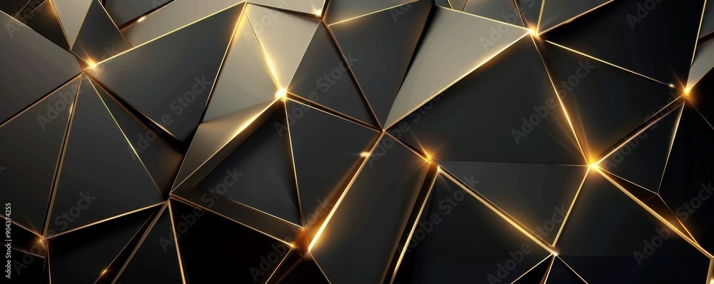 Poster background with abstract, geometric pattern. 3d triangles in black and gold. elegant wallpaper desig