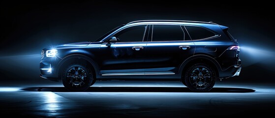 A dark blue SUV with headlights on, illuminated by bright white lights in the darkness.