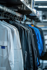 A rack of clothes with a variety of colors including blue, yellow, and red. Concept of variety and abundance
