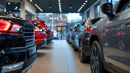 Line of new cars in the showroom or dealer. Car for customers is interested in sale or buy. business dealer of car.
