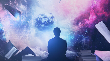 a person exploring the concepts of Logosophy with a backdrop of abstract visuals representing the universe and human natur